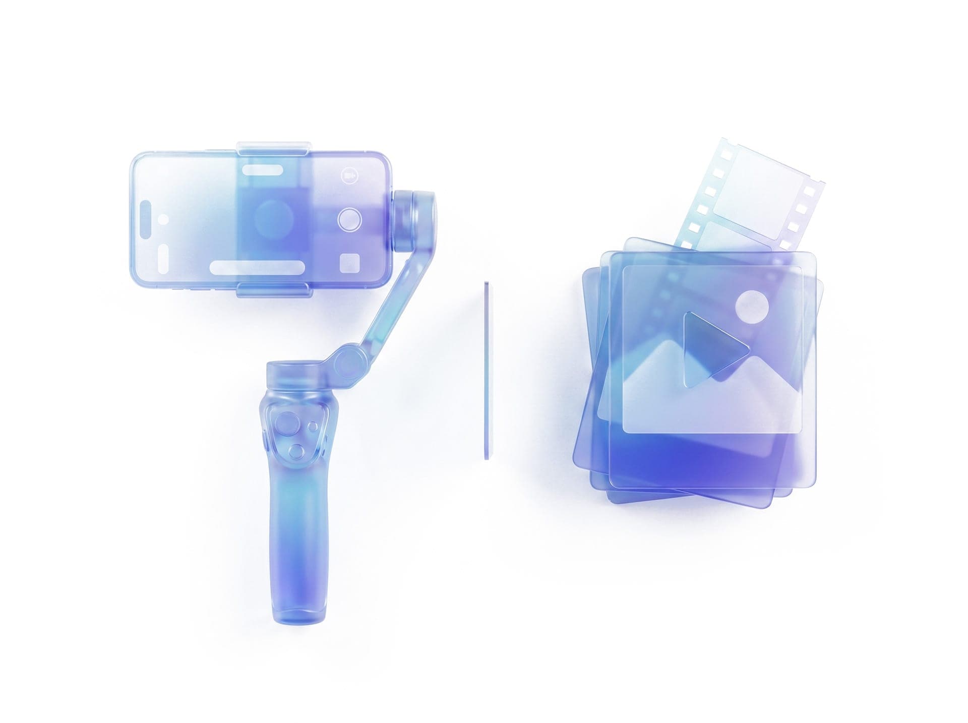 Zwei Objekte nebeneinander, gleich groß, gleichwertig präsentiert: links ein Smartphone auf einem Gimbal (filmt eine Szene), rechts ein Stapel Polaroid- oder Bilderkarten, aus dem ein kleines Play-Symbol oder Filmstreifen-Fragment hervortritt. Beide auf gleicher Höhe — als „zwei Wege“, nicht „besser/schlechter“.