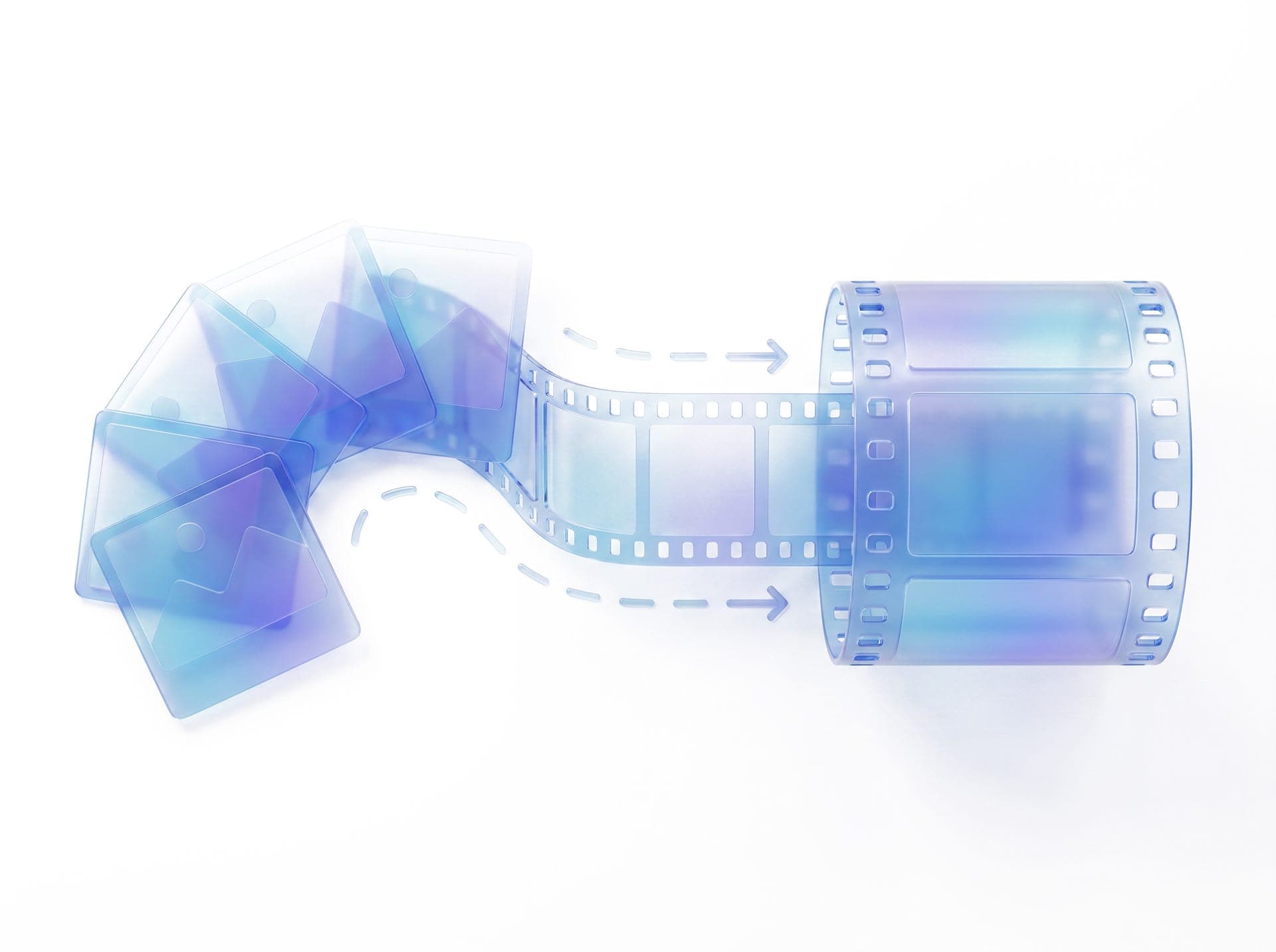 Ein Stapel oder Fächer von Foto-Karten, der nach rechts hin in einen Filmstreifen oder ein Video-Frame übergeht. Die Karten links sind eindeutig Standbilder, rechts wird daraus ein bewegtes Format. Mittendrin: gestrichelte Linien oder kleine Pfeile, die die Kamerafahrt andeuten. Kernmotiv: Standbild → Bewegtbild.