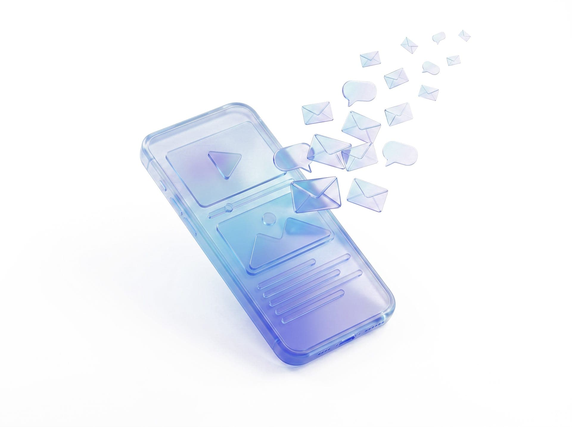 Ein Smartphone oder Tablet, das ein Immobilien-Inserat anzeigt, mit einem Play-Button als Overlay. Aus dem Bildschirm steigen mehrere kleine Briefumschläge oder Sprechblasen auf — als Anfragen-Schwarm. Effekt-Visualisierung.