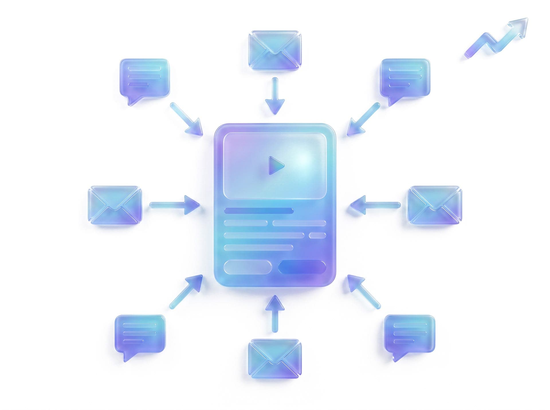 Eine stilisierte Inserat-Karte (mit Titelbild-Fläche, Textzeilen, kleinem Play-Button-Akzent), umgeben von mehreren eingehenden Nachrichten- oder Brief-Symbolen, die per Pfeil zur Karte zeigen. Optional eine kleine Aufwärts-Pfeil-Markierung oben rechts. Inserat zieht Anfragen an.